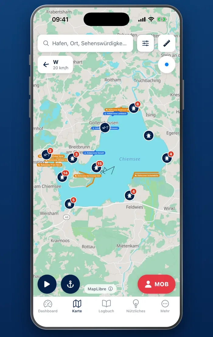 Binnen Skipper on an iPhone: map of Lake Chiemsee with storm warning lights and wind display