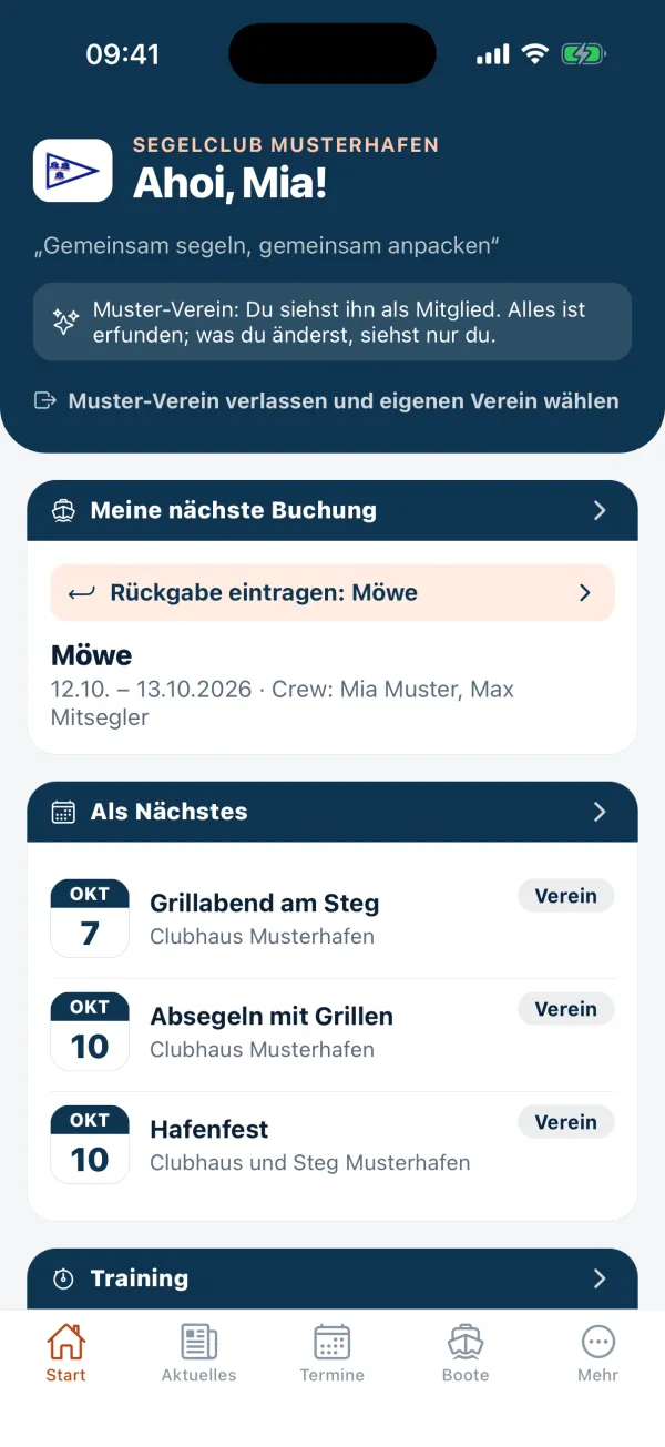Clubhafen auf dem Handy: Startseite mit nächster Buchung und Terminen